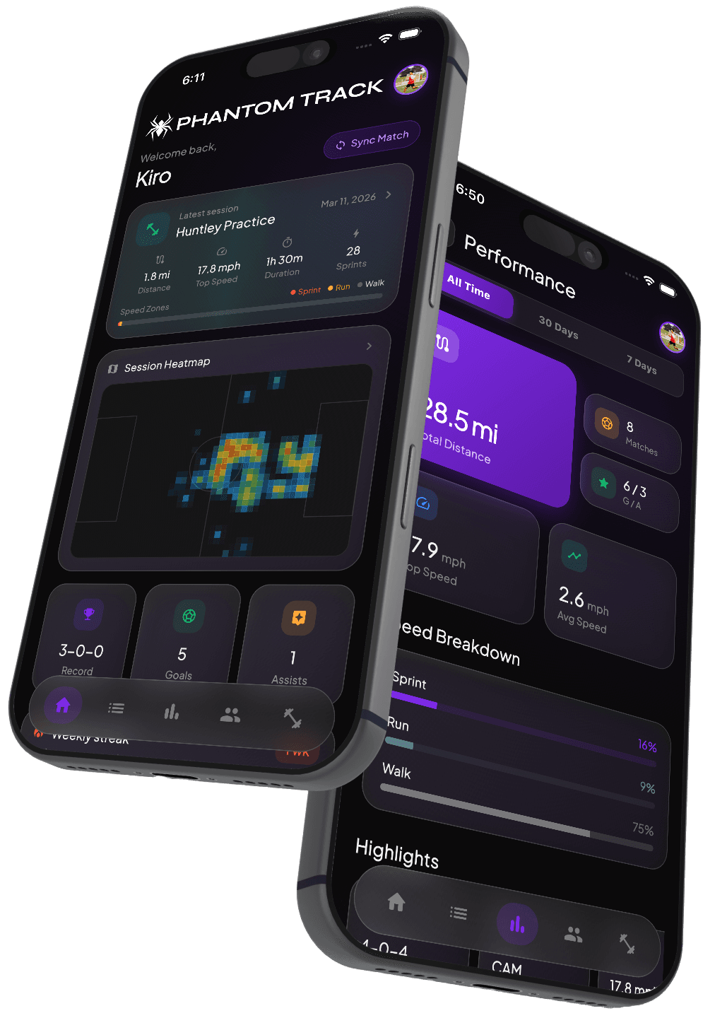 Phantom Track app — performance dashboard and match analysis